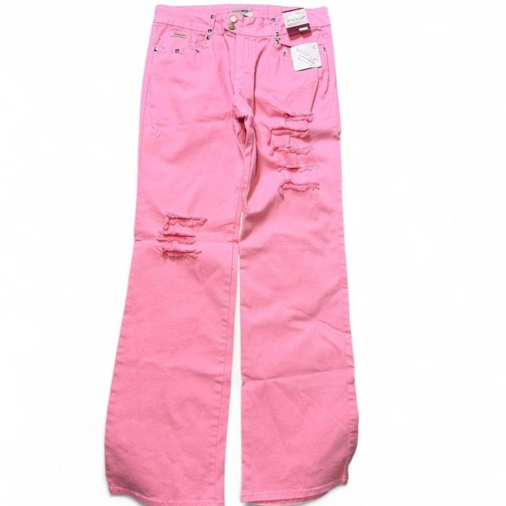 Y2K Pink‎ Low Rise Studded Ripped Flare Jeans